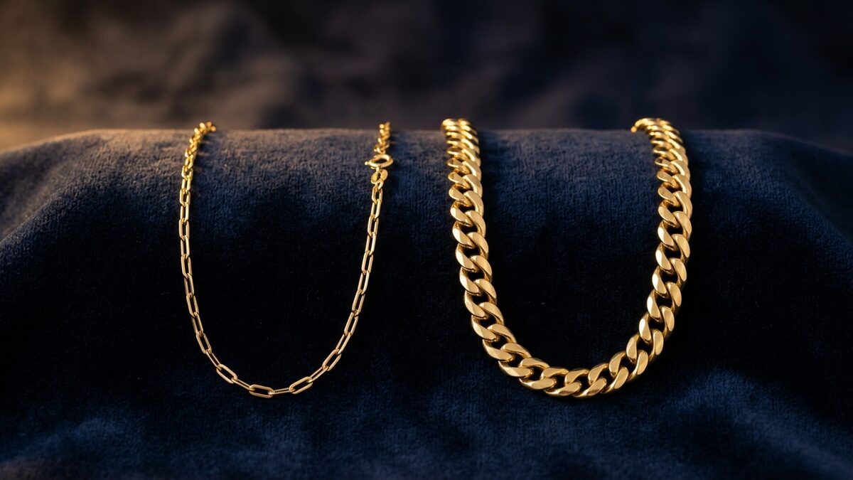 Hollow vs solid gold chain comparison on dark velvet