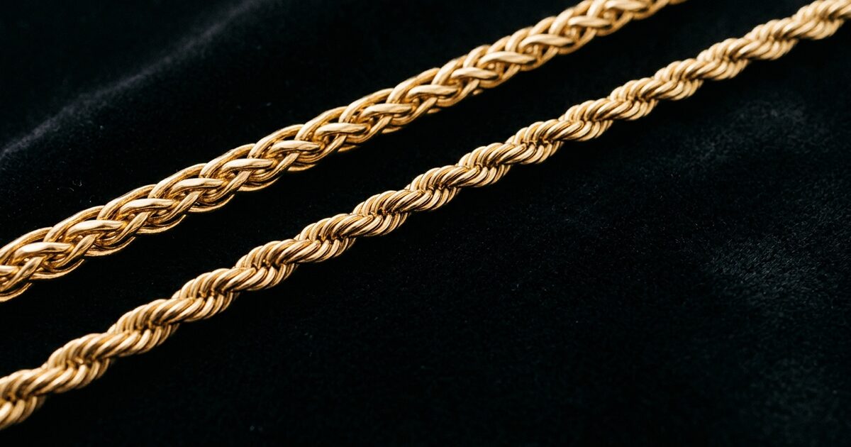 Wheat-link and rope-link gold chains compared on dark velvet
